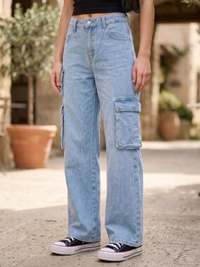 Banjara Light Wash Wide Leg Denim Cargo Jeans Y2K Utilitarian Gorpcore